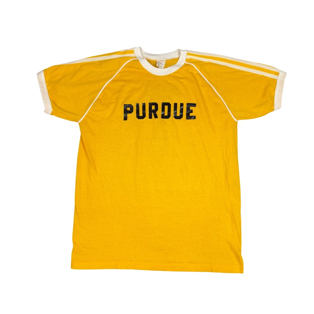 Vtg Purdue University Ringer Jersey 50/50 Tee‎ Men's L Yellow 70s 80s USA Bob 1